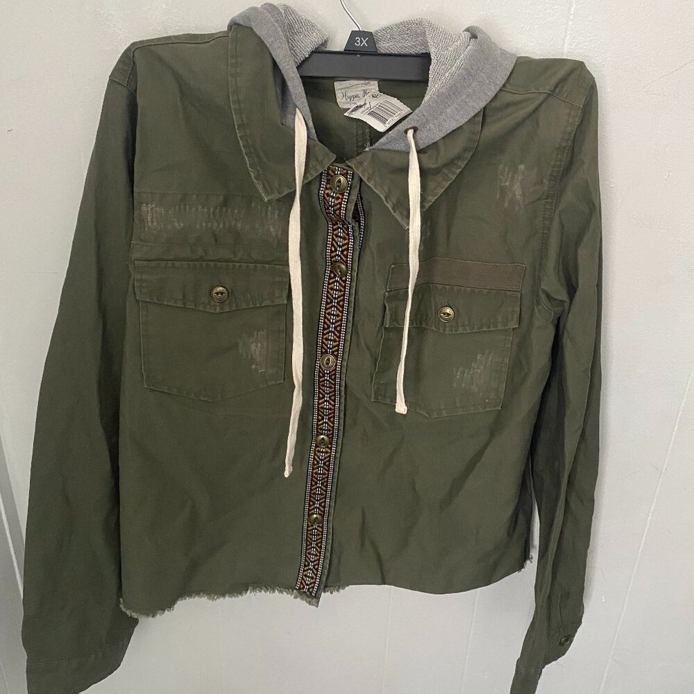 Hippie Rose Womens  Jacket Green Embroidered Distressed Front Hoodie New - M